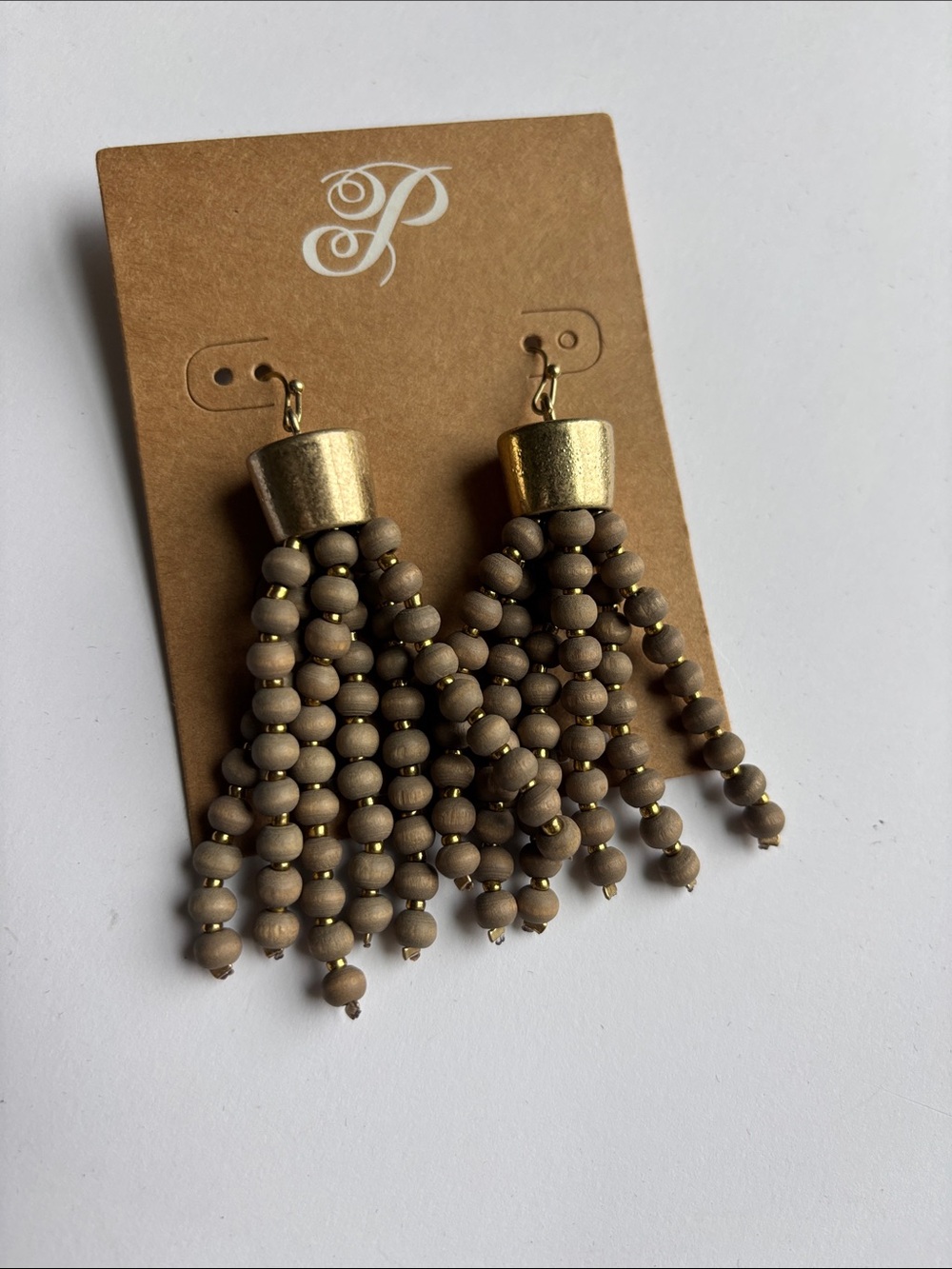 Plunder Taupe Beaded Tassel Earrings with Gold Caps